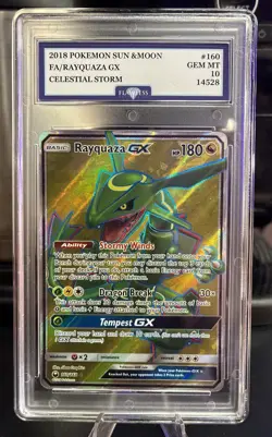 2018 POKEMON SUN & MOON CELESTIAL STORM #160 FULL ART/RAYQUAZA GX GRADED 10 - Image 1
