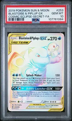 2019 Pokemon Cosmic Ecplipse Blastoise & Piplup GX Secret 253/236 PSA 10 - Image 1