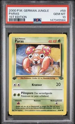 Pokemon Paras PSA 10 - 1.Edition Dschungel Deutsch Vintage Karte WOTC Jungle - Image 1