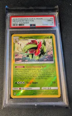 2018 Pokemon Lost Thunder Meganium Reverse Holo #8 PSA 9 Mint Graded Card - Image 1