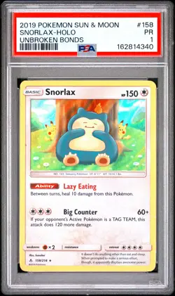 2019 POKEMON SUN & MOON UNBROKEN BONDS #158 SNORLAX-HOLO PSA 1 - Image 1