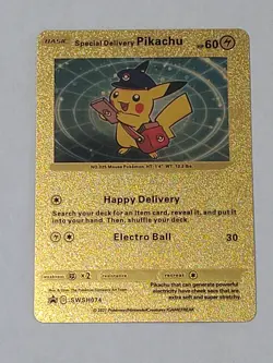 Special Delivery Pikachu Card Fan Art Ultra Rare Pokemon Gold Foil - Image 1