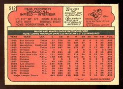 1972 TOPPS OPC O PEE CHEE MLB Baseball #512 Paul Popovich EX-NM Chicago Cubs - Image 2