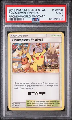 Pokemon Champions Festival 2019 Black Star Promo Worlds 19 SM231 Staff PSA 9 - Image 1