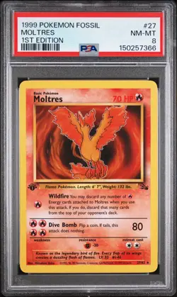 1999 Pokemon Fossil 1st Edition Moltres #27/62 PSA 8 - Image 1