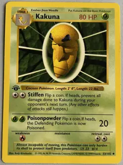 1st Edition Shadowless Kakuna 33/102 Base Set Pokemon Card MP - Image 1