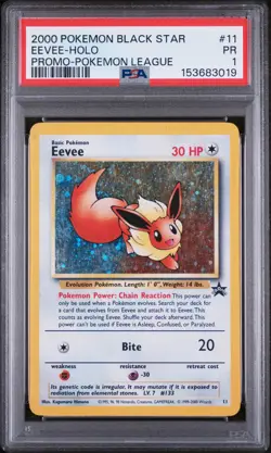 2000 POKEMON PROMO BLACK STAR POKEMON LEAGUE #11 EEVEE-HOLO PSA 1 - Image 1