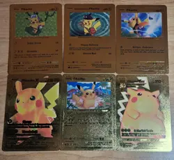 6 (six) Pokemon PIKACHU Gold Foil Fan Art Collector Cards - Image 1