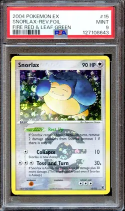 PSA 9 Snorlax 15/112 Reverse Foil Fire Red & Leaf Green EX Pokemon Card MINT - Image 1