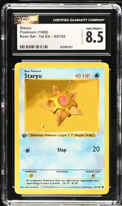 CGC 8.5 NM/MINT+ Staryu 65/102 1st Edition Shadowless Base Set Pokemon Card - Image 1