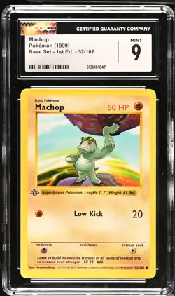 CGC 9 MINT Machop 52/102 1st Edition Shadowless Base Set Pokemon Card - Image 1