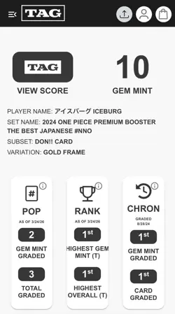 DON !! Card Iceburg gold Japanese ONE PIECE Card THE BEST PRB01 TAG 10 POP 2 - Image 3