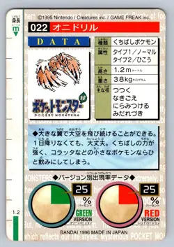 Fearow NO. 022 Pokemon Card Japanese Bandai Carddass Series 1-2 Red 1996 - MP - Image 2