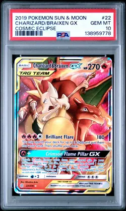 2019 POKEMON SUN & MOON COSMIC ECLIPSE #22 CHARIZARD & BRAIXEN GX PSA 10 - Image 1