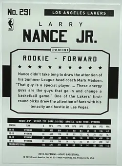 LARRY NANCE JR. 2015-16 Panini NBA Hoops ROOKIE Card RC #291 Los Angeles Lakers - Image 2