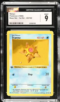 CGC 9 MINT Staryu 65/102 1st Edition Shadowless Base Set Pokemon Card - Image 1