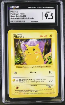 CGC 9.5 MINT+ Pikachu 58/102 Base Set Shadowless Red Cheeks Pokemon Card - Image 1