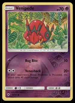 Pokemon Cards Venipede 56/147 Reverse Holo Burning Shadows Common LP - Image 1