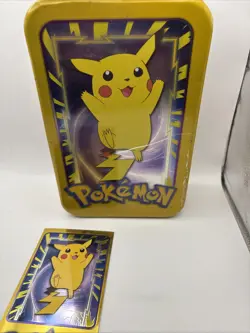 PIKACHU POKEMON 1999 TOPPS METAL RARE EMPTY TIN W/ Card - Image 1