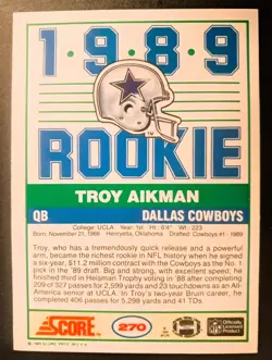 TROY AIKMAN 1989 Score #270 Rookie Card Dallas Cowboys NFL HIGHLY GRADEABLE! - Image 2