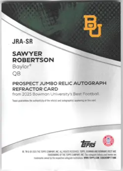 2025 Bowman Best U Sawyer Robertson Jumbo Relic Auto /50 Gold RPA SP - Image 2