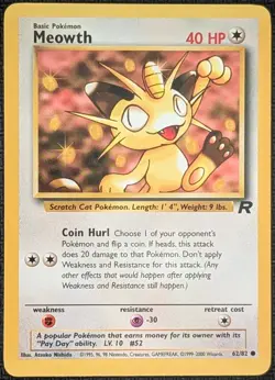 Meowth 62/82 Team Rocket Common Vintage 2000 Unlimited WOTC Pokemon Card NM/LP - Image 1