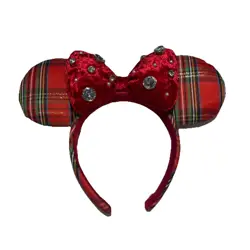 Disney Parks Red Plaid Tartan Holiday Minnie Ears Headband RARE Pre-Owned - Image 1