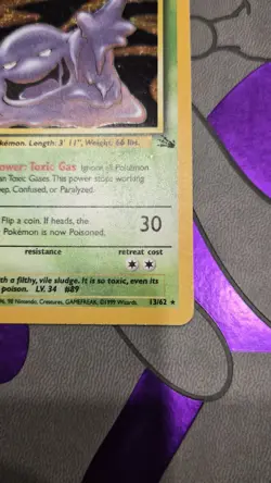 1999 Vintage WOTC Pokemon TCG Card Muk Fossil 13/62 Holo Rare Unlimited MP - Image 5