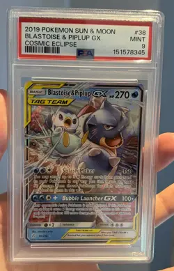2019 Pokemon Sun & Moon Cosmic Eclipse Blastoise Piplup GX 38/236 PSA 9 - Image 1
