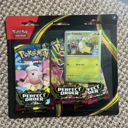 Pokemon TCG: Mega Evolution Perfect Order 3-Pack Triple Blister Chikorita Promo - Image 1