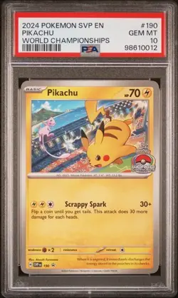 2024 POKEMON SVP EN-SV BLACK STAR PROMO #190 PIKACHU WORLD CHAMPIONSHIPS PSA 10 - Image 1