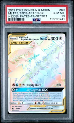PSA 10 2019 Pokemon Hidden Fates Moltres Zapdos Articuno GX 69/68 Rainbow Secret - Image 1