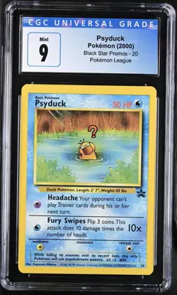 1999 Pokemon Wizards Black Star Promos Psyduck #20 Blue Label CGC Mint 9 - Image 1