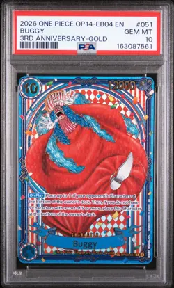 PSA 10 2026 ONE PIECE OP14 THE AZURE SEA'S SEVEN 051 BUGGY 3RD ANNIVERSARY GOLD - Image 1