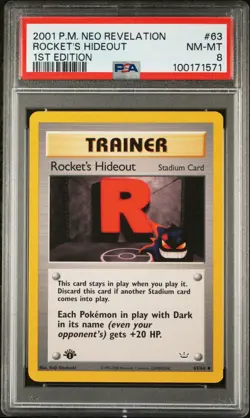 2001 POKEMON NEO REVELATION 1ST EDITION #63 ROCKET'S HIDEOUT PSA 8 - Image 1