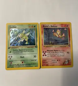 Vintage Pokemon 2 Card Holo Lot Blaine's Moltres 1/132 and Scyther 10/64 1st Ed - Image 1