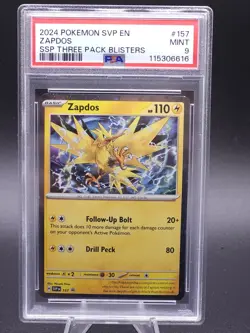 2024 Surging Sparks Three Pack Blister Zapdos Cosmos Holo #157 PSA 9 Pokemon - Image 1