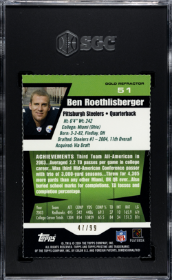 2004 Topps Pristine Ben Roethlisberger Rookie RC Gold Refractor /99 SGC 9 - Image 2