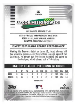 2026 Topps Finest - Jacob Misiorowski - Rookie Refractor - Common - Brewers - Image 2
