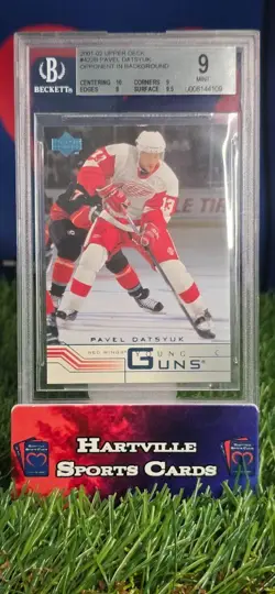 2001-02 UD Pavel Datsyuk Young Guns SP RC Hobby Opp In Background BGS 9 Red Wing - Image 1