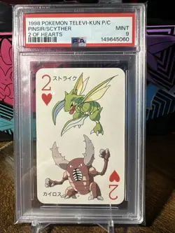 1998 POKEMON TELEVI-KUN MAGAZINE PLAYING CARDS SCYTHER/PINSIR 2 OF HEARTS PSA 9 - Image 1
