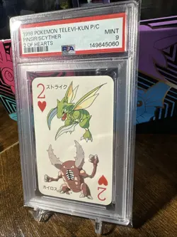 1998 POKEMON TELEVI-KUN MAGAZINE PLAYING CARDS SCYTHER/PINSIR 2 OF HEARTS PSA 9 - Image 2