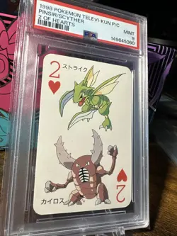 1998 POKEMON TELEVI-KUN MAGAZINE PLAYING CARDS SCYTHER/PINSIR 2 OF HEARTS PSA 9 - Image 3