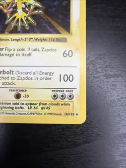 Zapdos 16/102 Holo Rare Base Set Shadowless Pokemon Unlimited Holo Card ⚡🔥 - Image 4