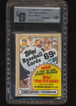 GAI 10 1987 Topps Cello Pack Barry Bonds Rookie Front & Back Perfect Rare - Image 1