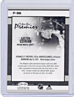 2025-26 O-Pee-Chee Premier Easton Cowan Rookie P-96 Toronto Maple Leafs - Image 2