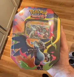 Pokemon TCG Mega Evolution Charizard Mega Charizard Tin 4 Booster Packs Promo - Image 1