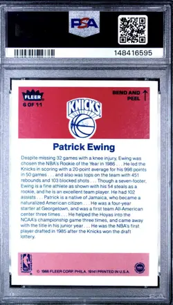 Fleer 1986-87 Stickers Patrick Ewing #6 Knicks Rookie PSA 9 Mint - Image 2