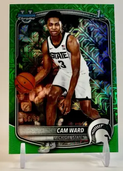 2025-26 Bowman Chrome Mega Box Cam Ward 66/99 Green Refractor 1st Michigan St SP - Image 1