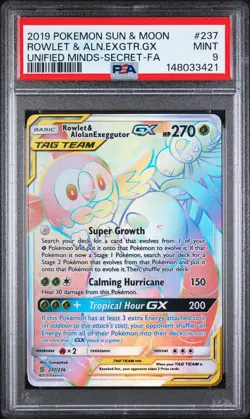 POKEMON SUN & MOON UNIFIED MINDS FULL ART/ROWLET & ALOLAN EXEGGUTOR GX PSA 9 - Image 1
